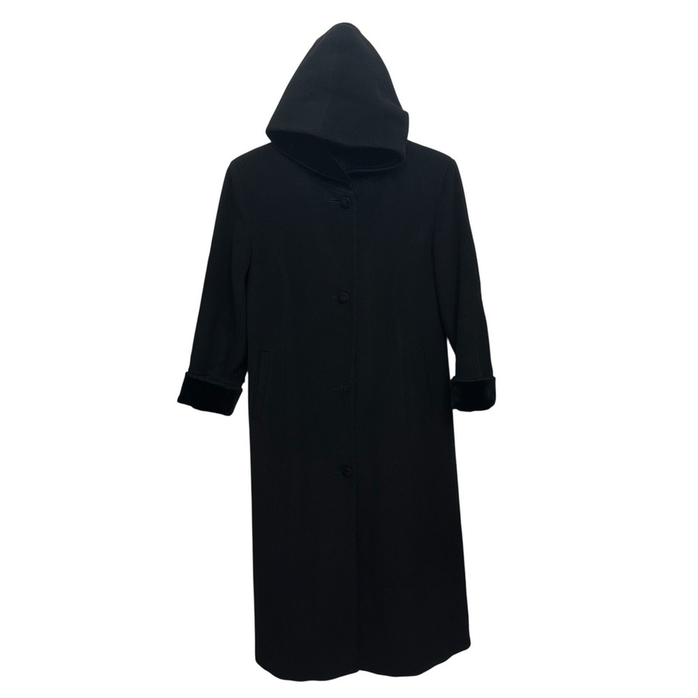 Vintage Albert Nipon 100% Wool Hooded Long Coat Velvet Lining Trim Women's Sz 14